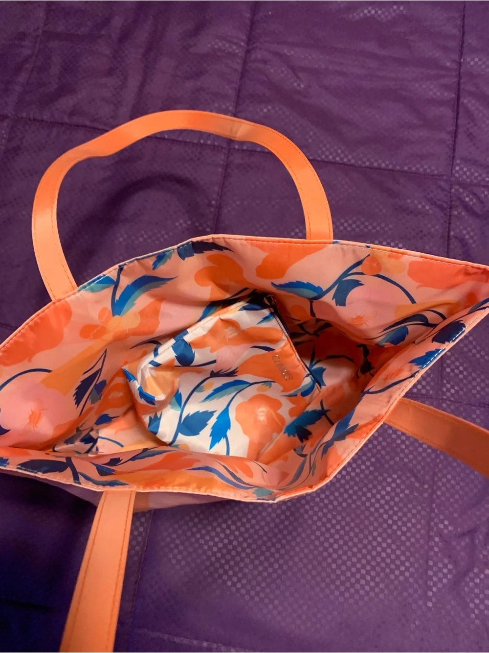 Clinique Peach and Blue Floral Tote with Matching Cosmetic Pouch